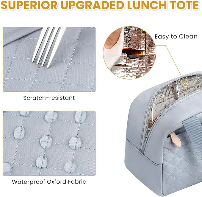 Insulated Lunch Bag for Women, Portable Lightweight Lunch Box for Adults, Reusable Small Lunch Tote Cooler Bags with Front Zipper Pocket for Work School Picnic(Light Blue)