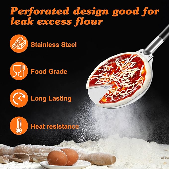 Pizza Peel with Pizza Cutter Wheel, HaSteeL 8-Inch Perforated Pizza Turner Spatula with Long Handle, Lightweight Stainless Steel Paddle Spinner for Home & Commercial Pizza Oven Accessories, Food Grade