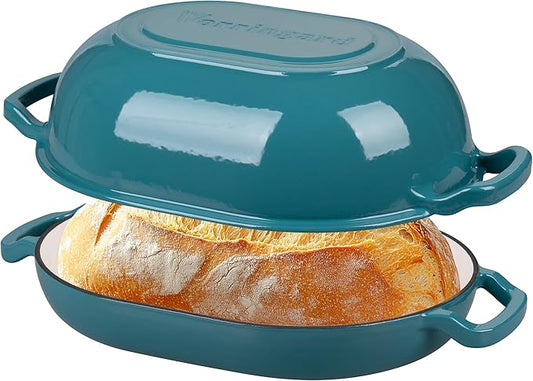 Enameled Cast Iron Sourdough Bread Oven, Dutch Oven, Loaf Cast Iron Bread Pan for Homemade Bread Baking, Meatloaf Pan with Lid, 7QT, Bluegreen