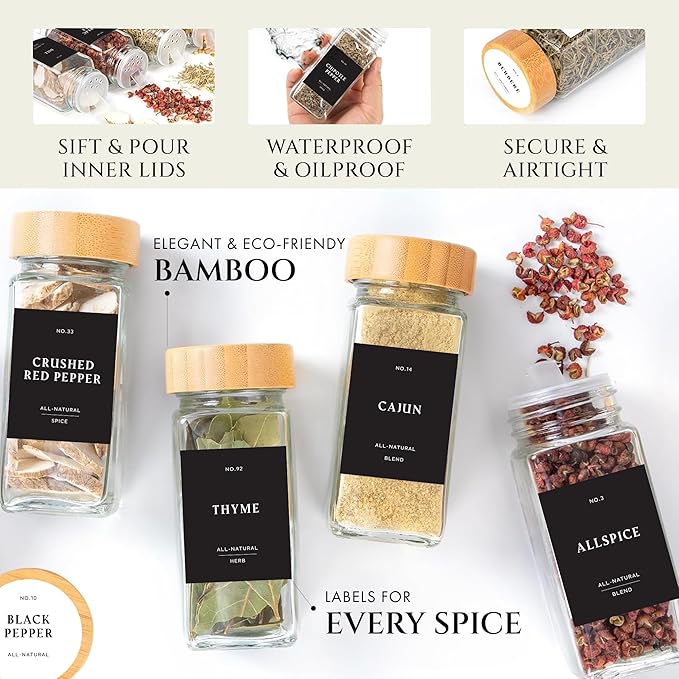 Glass Spice Jars with Label with Bamboo Lids 36 Pack Black Labels Set, 4oz Clear Empty Bottles Seasoning Organizer Jars with Shaker Lids, Small Square Airtight Spice Seasoning Containers Herb Storage
