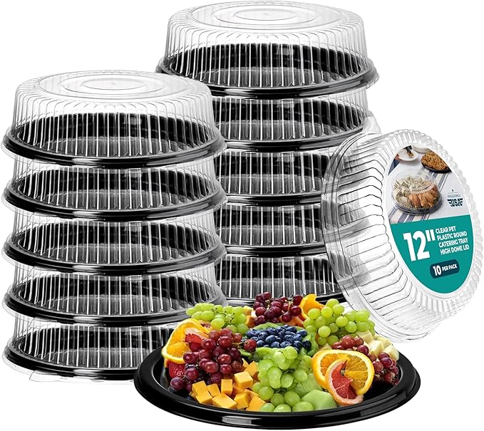 12" Catering Trays with Lids [10 Pack], Black Serving Tray with Clear Lid, Plastic Disposable Round Party Trays and Platters, Flan Containers with Lids, Dessert Sandwich Cookie Food Trays for Parties