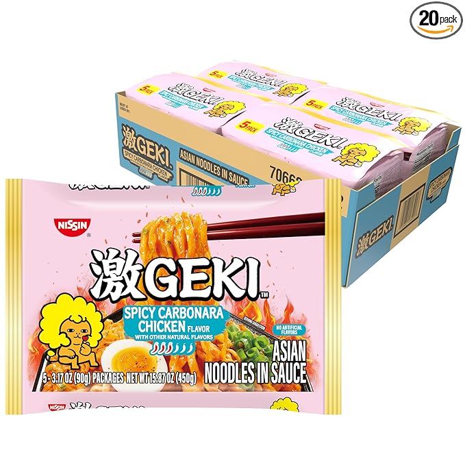 Nissin Geki Chili Infused Asian Noodles, Spicy Carbonara Chicken (Pack of 20)