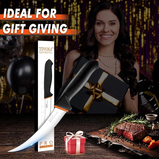 TIVOLI 6 Inch Curved Boning Knife - Butcher Knife with Ergonomic Non-Slip Softgrip & German Stainless Steel Razor Sharp Blade For Meat or Fish Deboning Filleting - Gift for Men Women