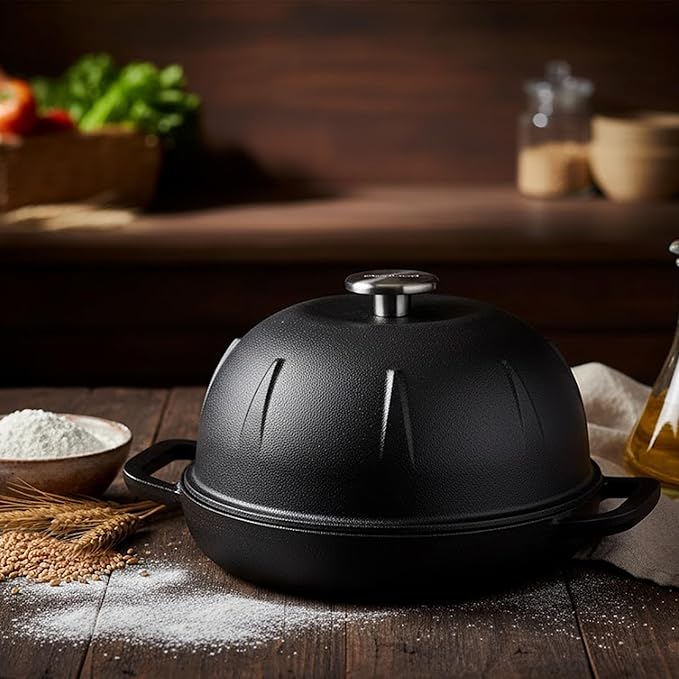 Cuisiland Pre-seasoned Heavy Duty Cast Iron Bread Cloche – Dome Lid Dutch Oven for Artisan Sourdough Baking – Heat-Retaining, Bakeware for Crispy Crust & Even Baking – Oven Safe (Black)