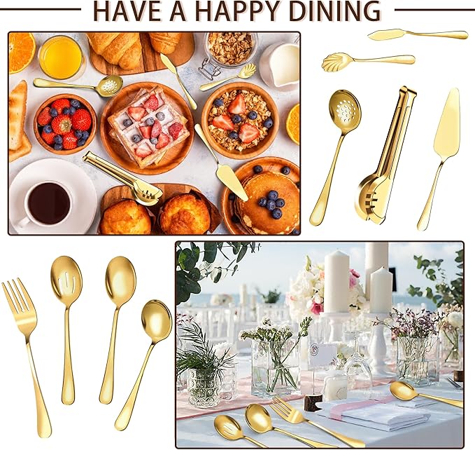36 Pack Serving Utensils Set for Buffet, Stainless Steel Serveware, Large Spoons, Slotted Spoon, Forks, Tongs, Butter Knife, Shell Spoons, Soup Ladle, Pie Server, for Party Festival Family, Gold