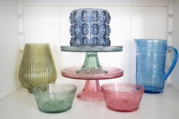 Boston International Vintage-Inspired Glass Serving Bowl with Embossed Floral Pattern for Salad Snacks Dinner, Small 4.75" x 2.25", Pink Codi