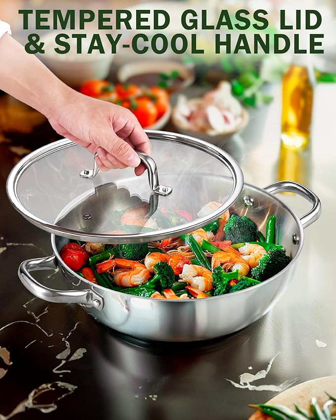Cook N Home Stainless Steel Wok Pan with Lid, 12 inch Tri-Ply Clad Stainless Flat Bottom Wok Stir Fry Pan, Dishwasher and Oven-Safe, Compatible with All Cooktops