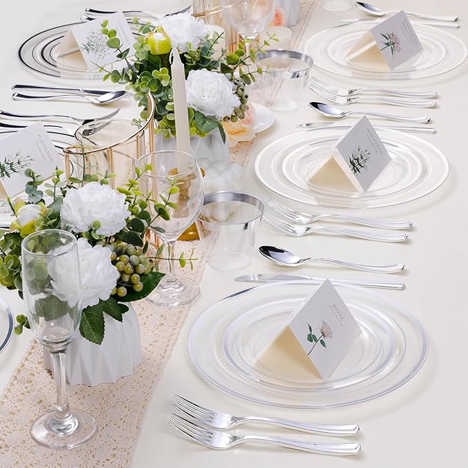 BESTSTAR 100PCS Clear Plastic Plates for Party, 10.25 Inch Disposable Plates with Silver Rim, Heavy Duty Dinner Plates for Wedding and Birthday