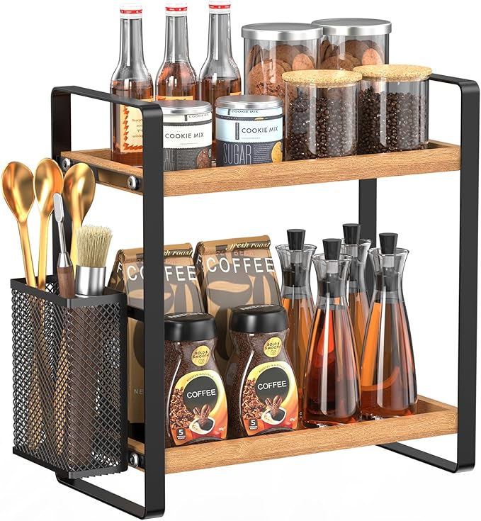 LEMIKKLE 2-Tier Coffee Bar Organizer With Basket,Wooden Shelf for Coffee Bar Accessories,Spice Rack Organizer for Countertop-Brown