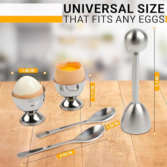 Egg Shell Opener Set – 2 Pcs Egg Cups for Soft Boiled Eggs & Hard Boiled Eggs, 2 Pcs Spoons, Stainless Steel Build, Fits Most Shell Sizes – Ergonomic Design with Adjustable Effort for Precise Cracking