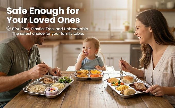 Korean Stainless Steel Divided Plates for Kids, Adults, Students, Premium 304, Electro-Polished, No Black Residue, BPA-Free, 6-Compartment Food Tray, Picky Eaters, Diet Portion Control, Set of 2