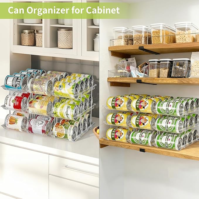 Can Organizer for Pantry Soda Can Organizer Automatic Rolling Food Pantry Storage Rack Can Dispenser for Fridge Holds 72 Cans, Fits 5.8-Inch Soda and Can, Set of 18
