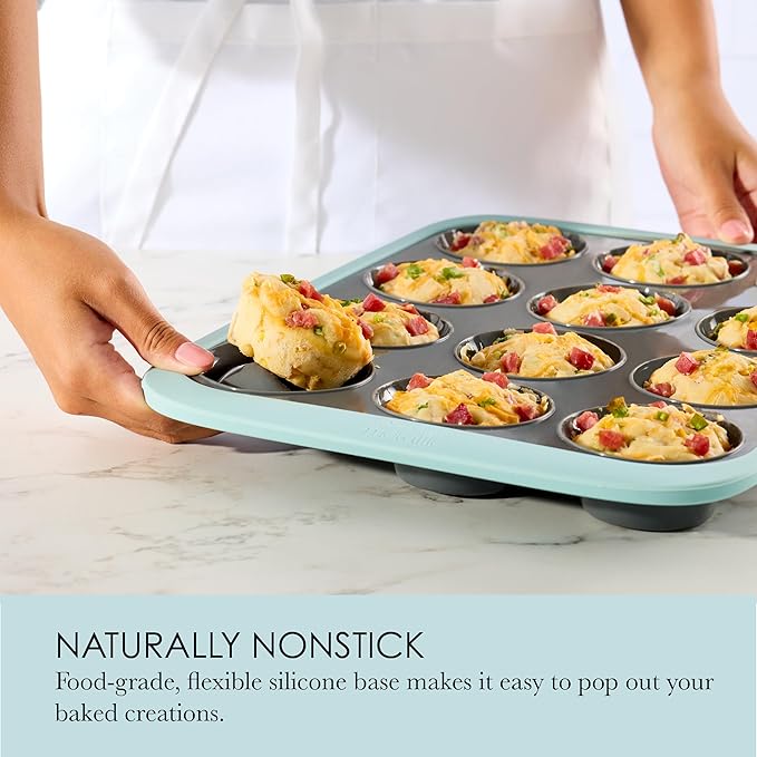 Chicago Metallic 12-Cup Silicone Muffin Pan, Nonstick Bakeware with Wire-Reinforced Rim, BPA-Free Food-Grade Silicone, Oven Safe to 428°F, Dishwasher Safe, Easy Cupcake Release