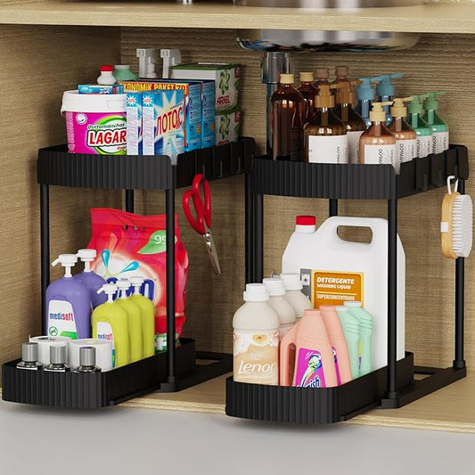 2 Pack Multi-Purpose Pull-Out Storage Organizers, Under Sink Organizers and Storage for Bathroom & Kitchen, Under Cabinet Organizers and storage, 14.8 Inch, Black