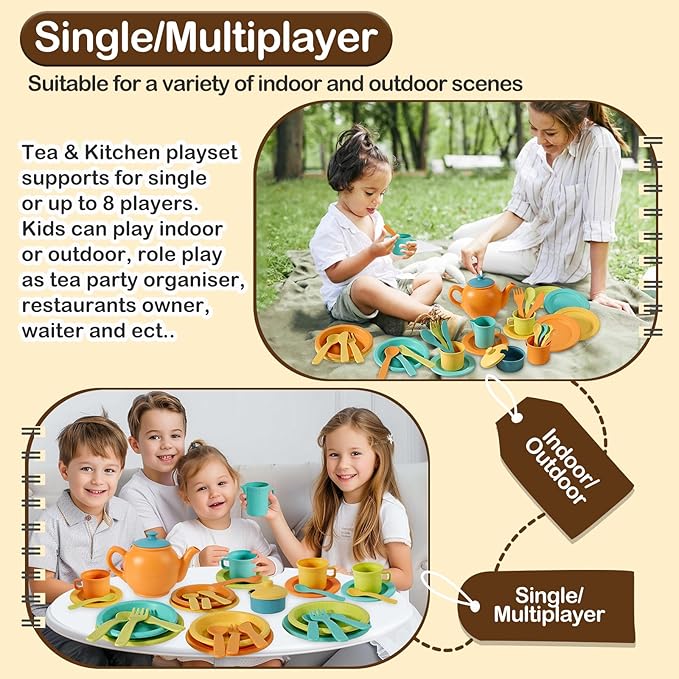 Buyger Kids Kitchen Accessories and Tea Set for Toddlers 3-5, Play Kitchen Toy Dish Plates Utensils Dinnerware Set Pretend Role Play Gifts for Ages 3 4 5 Years Olds Children Boys Girls