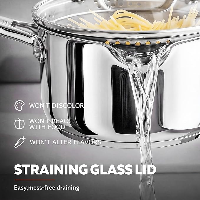 2-in-1 Tri-Ply Steamer & Saucepan Set - 1.5 Qt Stainless Steel Sauce Pan with Pour Spouts, Steamer Insert & Strainer Glass Lid - Compatible with All Stovetops Including Induction