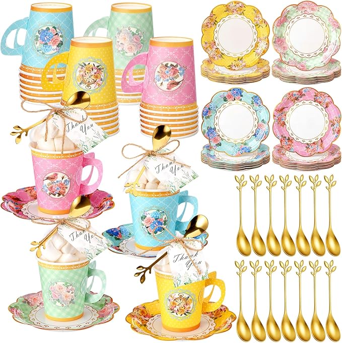 125 Pcs Tea Party Favors Set Floral Paper Teacups with Saucers, Vintage Style Tea Spoons, Disposable Spring Party Supplies for Hot or Cold Drinks, Ideal for Birthday Baby Shower Bridal