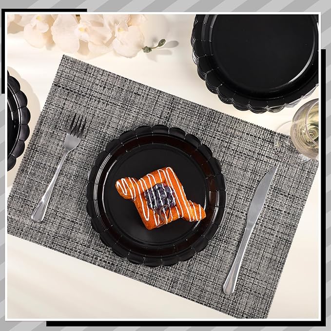30 Pcs Black Paper Plates, 9 Inch Scalloped Disposable Black Plates Cute Dessert Dinner Plate for Wedding, Birthday, Picnic