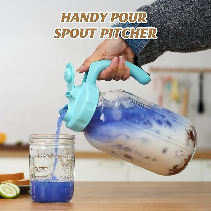 Soligt Glass Mason Jar Pitchers with Lids, Wide Mouth Flip Cap Pour Spout Leak-proof Lid with Handle, 64 oz/2 Quart, for Iced Coffee/Sun Tea Juice/Cold Brew/Milk (2 Pack, Taffy Pink + Baby Blue)