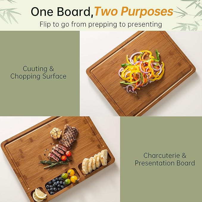 Carbonized Bamboo Cutting Boards for Kitchen, 1"Thickened Cutting Board with Juice Groove, Large Butcher Block with Handle, Wood Charcuterie Chopping Board for Prep & Serving Tray, 17" x 13"