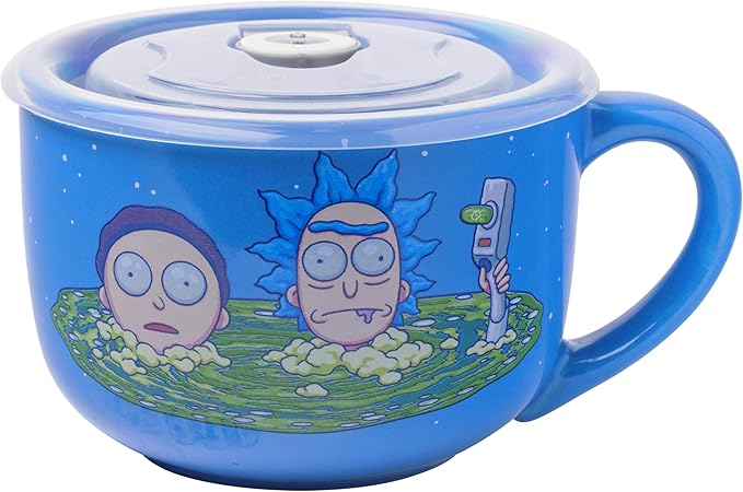 Silver Buffalo Rick and Morty Ceramic Soup Mug with a Vented Plastic Lid, 24 Ounces