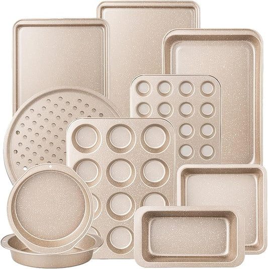 10-Piece Baking Pans Set, Bakeware Sets Nonstick, Baking Set for Oven Cooking, Stackable Carbon Steel Pans Include Cookie Sheets, Muffin Pan, Cake Pan, Pizza Pan, Loaf Pan, Roasting Pan, Gold