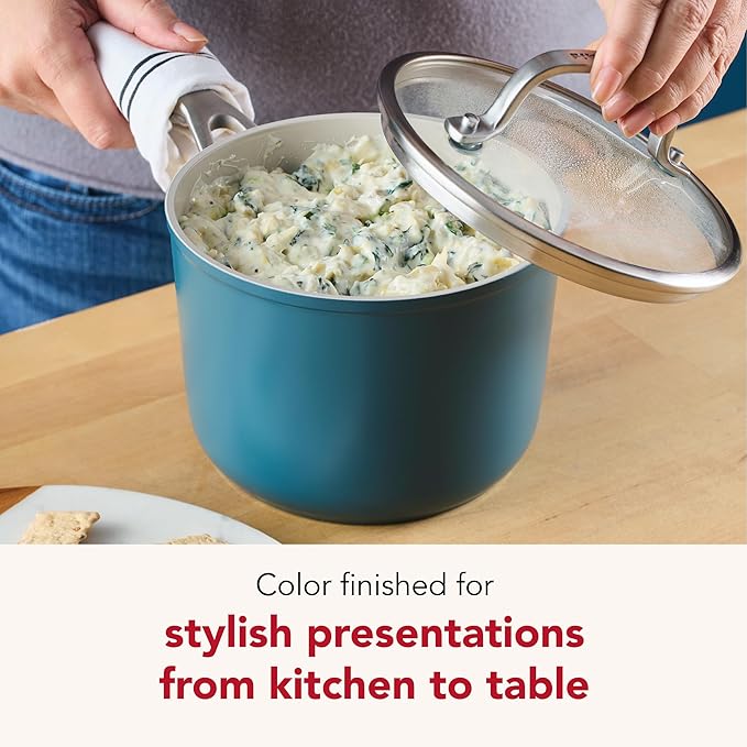 KitchenAid Hard Anodized Ceramic Induction Nonstick Cookware Saucepan with Lid, Dishwasher Safe, 2 Quart Non Stick Sauce Pan with Stainless Steel Handle - Agave Blue