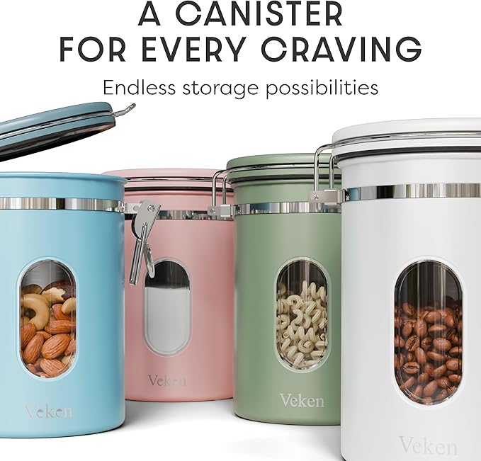 Veken Coffee Canister with Window, Easter Gifts Airtight Stainless Steel Container with Lids, Home Kitchen Food Storage Jars for Grounds, Beans, Tea, Flour, Cereal, Sugar, Basket, Scoop, 22OZ, Pink
