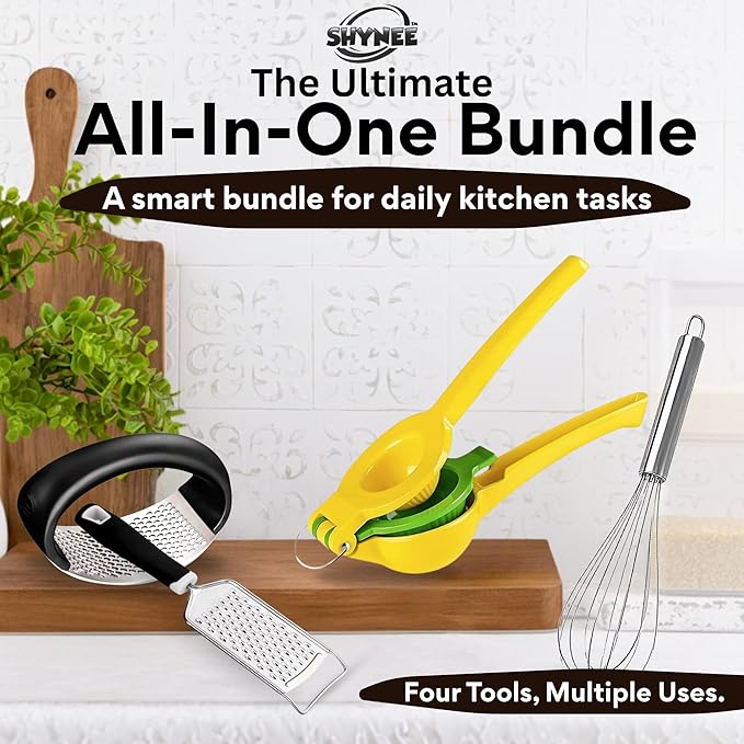 4PCs Kitchen Essentials Kit – Lemon Squeezer, Garlic Press, Stainless Steel Whisk, Multi-Use Grater, Cheese Grater – Durable, Easy to Clean Cooking Tools Set for Everyday Meal Prep