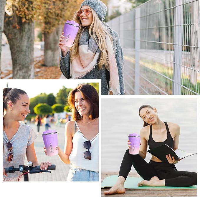 Travel coffee mugs leak-proof,coffee cups with lids, stainless steel vacuum insulated coffee tumblers, thermal insulation cups for men & women keep drinks hot & cold(2nd-Purple Pink, 17OZ)
