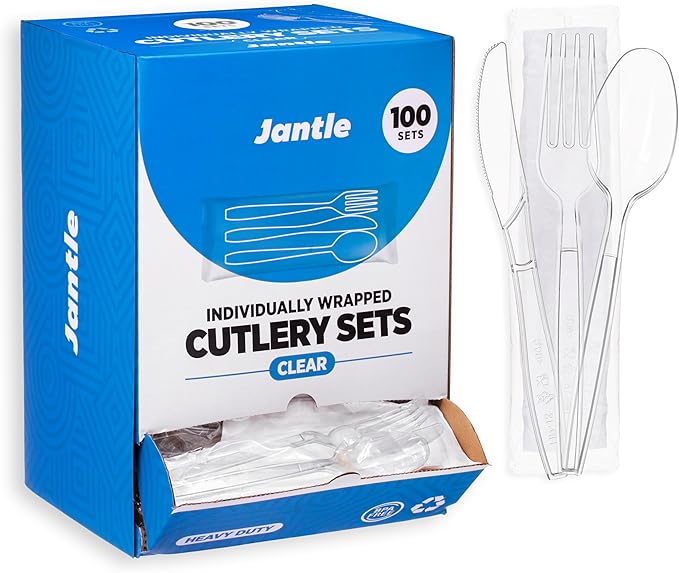 Individually Wrapped Plastic Cutlery Set with Napkin - 100 Pack Heavy Duty Disposable Forks, Spoons, Knives - Sanitary Wrapped Utensils Packets for Restaurants, Catering, Takeout, Parties (Clear)