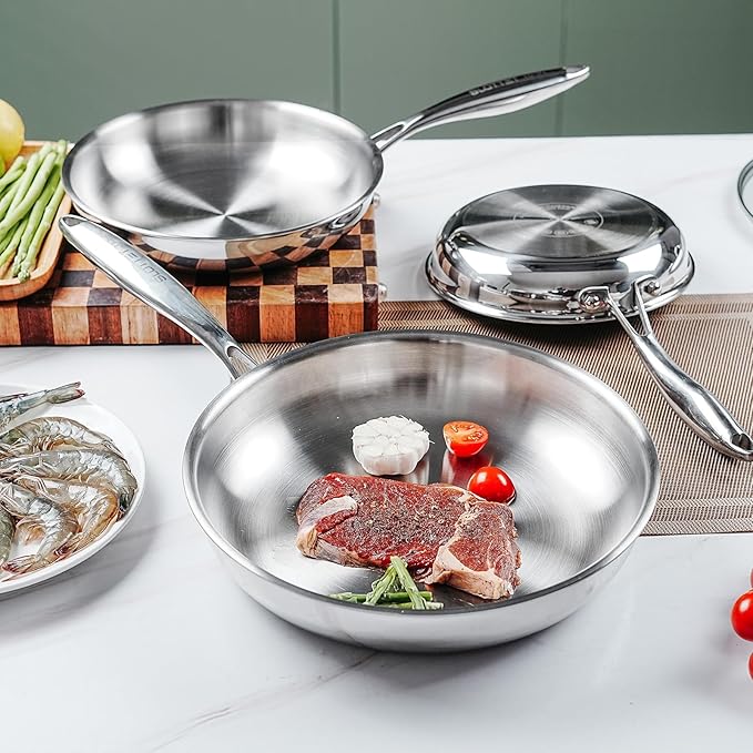 8 inch Tri-Ply Stainless Steel Frying Pan,No Coatings PFOA&PTFE Free Skillets,Chef's Pans,Dishwasher and Oven Safe Cookware, Compatible with All Cooktops