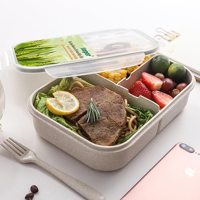 Wheat Straw Lunch Box, Leakproof 3-Compartment Bento Box for Kids & Adults, BPA-Free, Microwave & Dishwasher Safe, 5.5 Cup/1400 ml, White