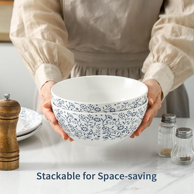 Ceramic Soup Bowls Set of 2, Large Pho Bowls 42oz, Blue Serving Bowls for Breakfast, Japanese White and Blue Bowls for Cereal Salad, Rice, Snack, Raman, Pasta, Fruit, Microwave Dishwasher Safe, 7 inch