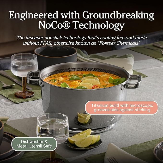 Our Place Titanium Perfect Pot Pro | 6.75 Qt Stock Pot with Lid & Silicone Spoon | PFAS-Free Nonstick, Fully-Clad Tri-Ply Stainless Steel & Aluminum | Induction & Oven-Safe up to 1000°F | Chrome