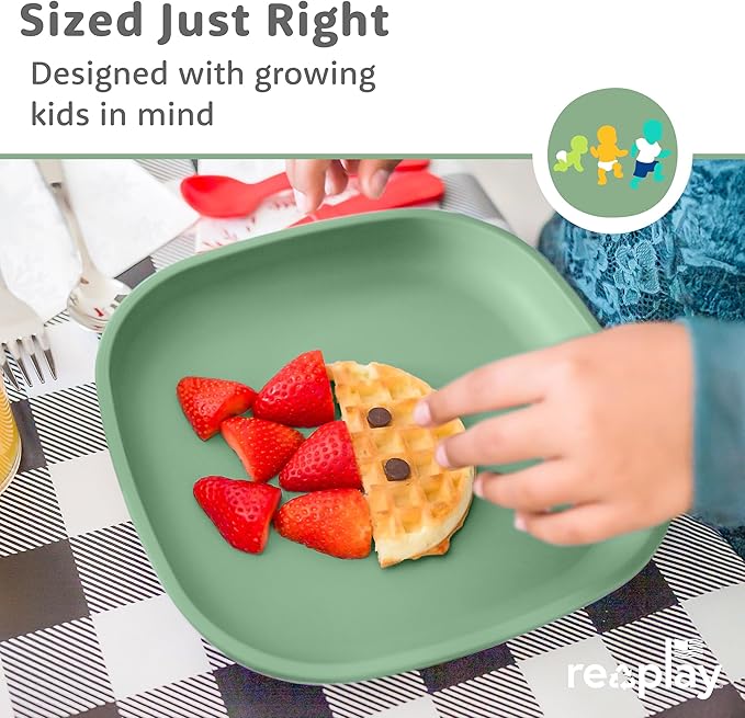 Re-Play Toddler Plates - 22 Oz. Deep-Walled Flat Kids Plates with 1 Lid - Dishwasher & Microwave Safe - Made in USA - Set of 3-7.37" x 7.37" x 1.25" - Beach Baby