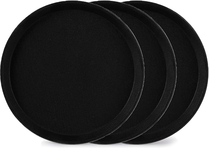 TOPZEA 3 Pack Restaurant Serving Trays, 11 Inch Fiberglass Black Round Tray Non Slip Food Service Platters Cocktail Beverage Server Tray for Restaurant, Bar, Buffet, Coffee Station, Catering Party