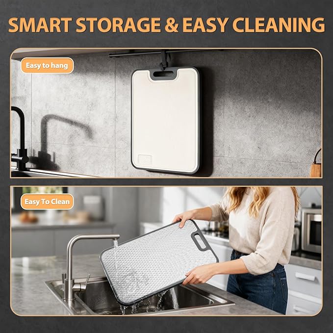 18/8 Stainless Steel Cutting Board, Large Double Sided Chopping Board for Kitchen (17x12"), Food-Grade 304 & Wheat Straw PP, Deep Juice Grooves, non Toxic, Non-Slip & Dishwasher Safe