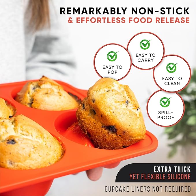 Regular Size 6 Cup Muffin Pan – Silicone Muffin Pans for Baking with Metal Handles – Nonstick Silicone Cupcake Pan, Easy-Release, BPA-Free Muffin Tray, Oven & Dishwasher Safe – Red