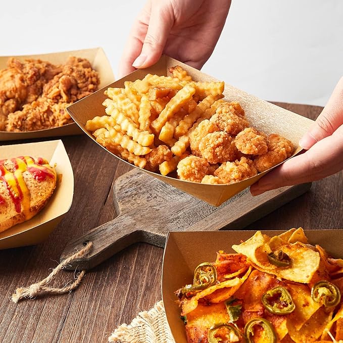 3 Lb Paper Food Trays - 50 Pack Disposable Nacho Trays, Kraft Paper Food Boats Taco Holders Party Serving Baskets for Hot Dogs Snacks Tacos Fries