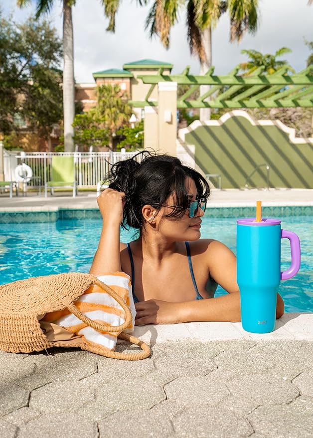 Zak Designs Sutton Travel Tumbler for On the Go, 40oz Stainless Steel with Vacuum Insulation, Silicone Straw, and Carry Handle for Cold Drinks (Turquoise)