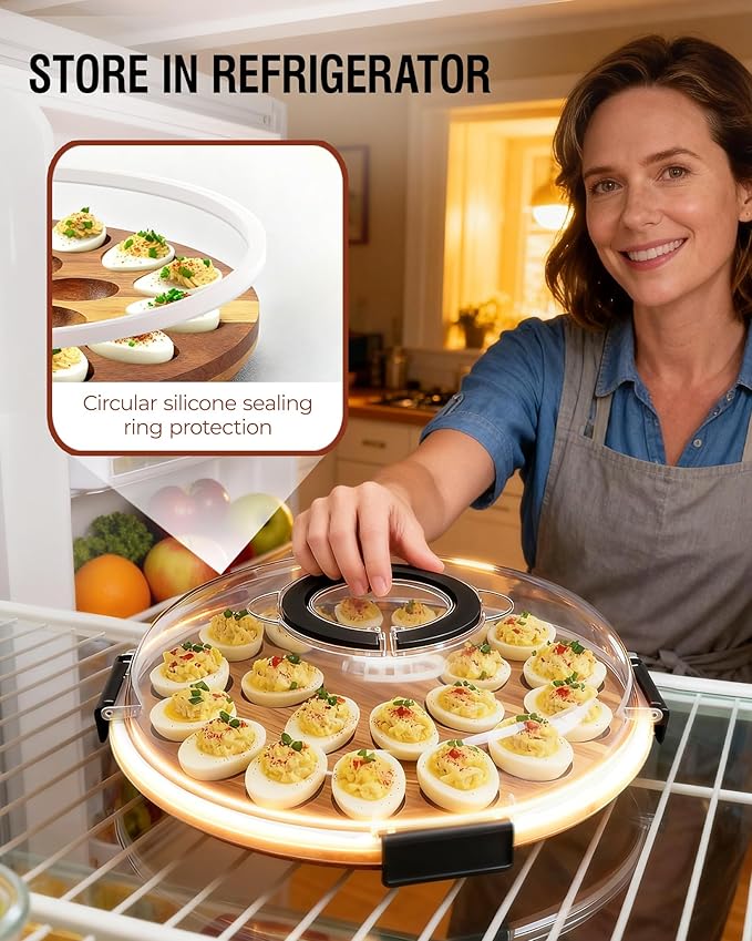 Deviled Egg Containers with Lid, Easter Gifts Set (24 Eggs), 2026 Upgraded Acacia Wooden Deviled Egg Tray Platter for Party and Home Kitchen, The Lid is Dishwasher Safe (Black)