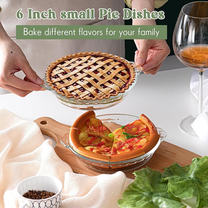 Uiifan 4 Pack 6 Inches Mini Glass Pie Pan for Baking 11.6 oz Clear Pie Plate with Handles Round Glass Dish for Baking and Serving, Snacks, Salads, Desserts