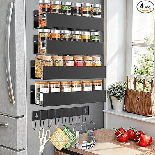 Magnetic Spice Rack for Refrigerator Seasoning Organizer for Spice Fridge Shelf storage Magnetic Shelf with Hook for Oven(6pack) (4Rack1hook-black)