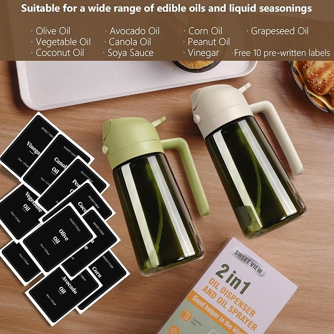 2PCS Olive Oil Dispenser and Oil Sprayer – 16oz/470ml Glass Light-Proof Oil Pourer for Kitchen Air Fryer, Cooking, Salad, and BBQ, with Stickers