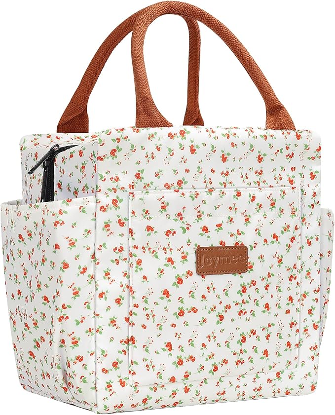 Joymee Lunch Bag Women Insulated Lunch Box Reusable Leakproof Large Spacious Cooler Tote for Women Men Adult with Bottle Holder and Side Pockets for Work Office Travel Picnic -Red Floral