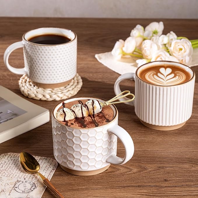 GBHOME 12OZ Stackable Coffee Mugs, Ceramic Coffee Mugs with Texture Patterns for Man,Woman,Dad,Mom, Modern Coffee Mugs Set of 4 for Latte/Cappuccino/Cocoa. Dishwasher&Microwave Safe, Off White