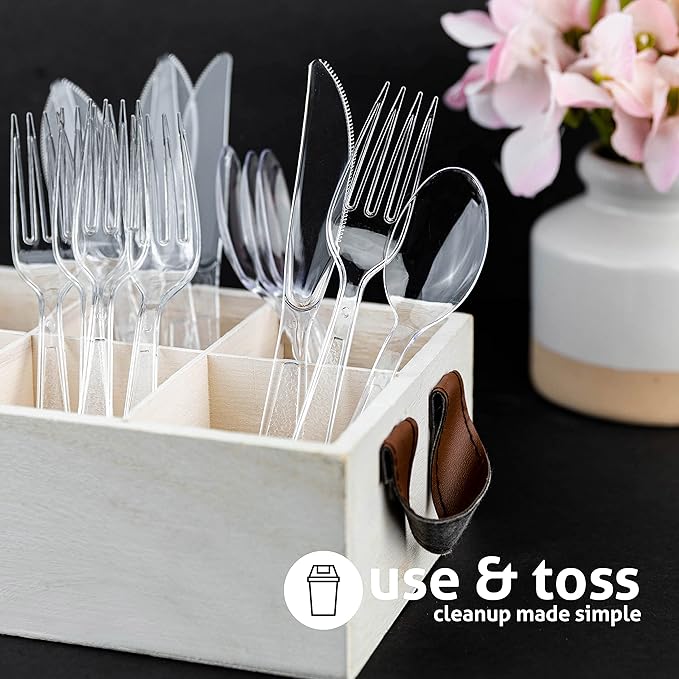 Heavy Weight Plastic Silverware Set - 200 Plastic Forks, 100 Plastic Knives, 100 Plastic Spoons Disposable Cutlery Combo Set (Clear)