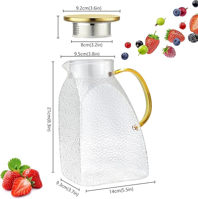 Glass Pitcher, Mituer 60oz Glass Water Pitchers with Handle and Lid, Tea Pitcher for Fridge, Iced Tea, Coffee Milk, Juice