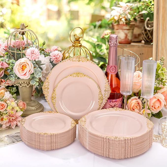 200PCS Pink and Gold Plates - Pink Plastic Plates - Fancy Disposable Plate with Gold Rim - Vintage Wedding Dinner & Dessert Plate Easter for 100 Guests for Wedding & Bridal Shower